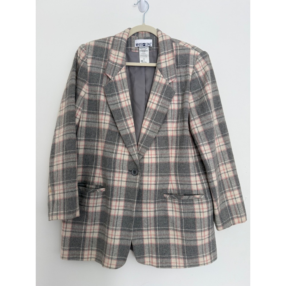 Vintage White Stag Wool Blend Preppy Pink/Gray Plaid Blazer Jacket Size 12 Y2K